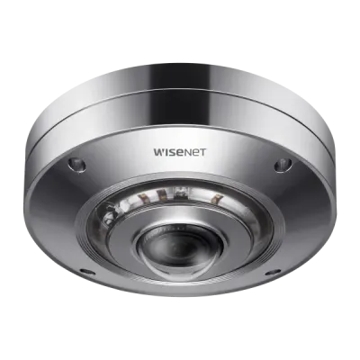 Hanwha - XNF-9010RS - Stainless steel Fisheye, powered by WN7, 1/2.3" 12MP CMOS, Max resolution 3008x3008 @ 30FPS, 1.08mm fixed focal lends, Stereo graphic type lens, enhanced resolution for the peripheral regions, H.265, H.264, MJPEG codec supported