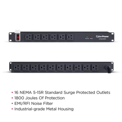 CYBERPOWER - CPS1615RMS - 1800 J, 125 V, 16 NEMA 5-15R (6 front, 10 rear), 6 ft cord, 3 year warranty