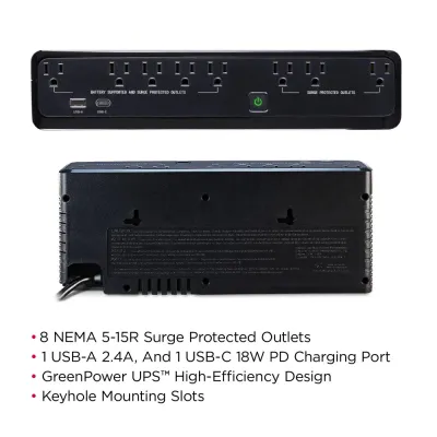 CYBERPOWER - SL950U - 950VA/510W Slim Line Standby UPS, 8 NEMA 5-15R Outlets, NEMA 5-15P Plug, 5 Ft Cord, 1 USB-A and one USB-C Charging Port, USB, PowerPanel Personal, 3 Yr Warranty