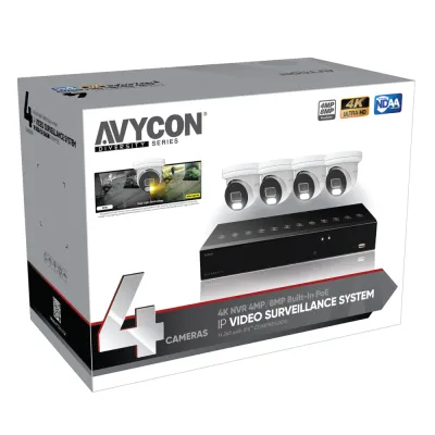 AVYCON - AVK-NB41E4-1T - 4MP Diversity InfiniteColor 4MP IP Kit with 4 of 4MP IP InfiniteColor Turret Cameras and 4CH PoE 4K NVR with 1TB HDD pre-installed, contains AVC-NBE41F28 (4 QTY) and AVR-NSV04P4-1T (1 QTY)