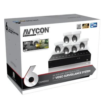 AVYCON - AVK-NB41E6-2T - 4MP Diversity InfiniteColor 4MP IP Kit with 6 of 4MP IP InfiniteColor Turret Cameras and 8CH PoE 4K NVR with 2TB HDD pre-installed, contains AVC-NBE41F28 (6 QTY) and AVR-NSV08P8-2T (1 QTY)