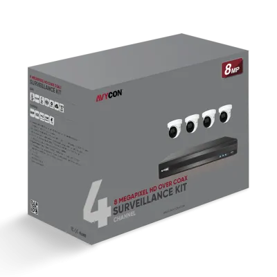 AVYCON - AVK-TE81E4-2T - 8MP TVI Kit with 4 of 8MP TVI Turret Cameras and 4CH DVR with 2TB HDD pre-installed, contains AVC-TE81F28 (4 QTY) and AVR-DSV804H-2T (1 QTY)