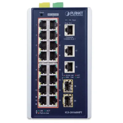 Planet - IGS-20160HPT - Industrial L3 16-Port 10/100/1000T 802.3at PoE + 2-Port 10/100/1000T + 2-Port 1G/2.5G SFP Managed Switch