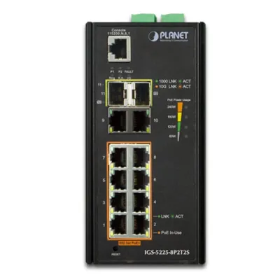 Planet - IGS-5225-8P2T2S - Industrial L2+ 8-Port 10/100/1000T 802.3at PoE + 2-Port 10/100/100T +2-Port 100/1G/2.5G SFP Managed Ethernet Switch