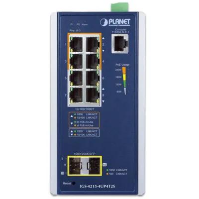 Planet - IGS-4215-4UP4T2S - Industrial 4-Port 10/100/1000T 802.3bt PoE + 4-Port 10/100/1000T + 2-Port 100/1000X SFP Managed Switch