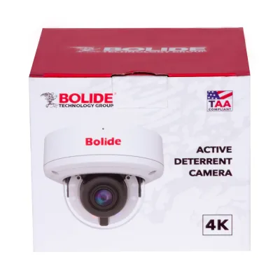 BOLIDE - BN9029AVAIRAD/TAA - TAA Compliant H.265 8MP 2.8-12mm Motorized Varifocal Lens IP67 Full Color Active Deterrent Vandal Proof Camera, Color At Night Warmlight Up to 65 Feet, Two-Way Audio ( Built-in Speaker and Mic ), MicroSD Slot Up to 256GB,