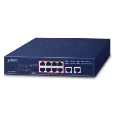 Planet - GSD-1008HP - 8-Port 10/100/1000T 802.3at PoE + 2-Port 10/100/1000T Desktop Switch (120W PoE Budget, Standard/VLAN/Extend mode, supports PD alive check, 10-inch and rack-mountable)
