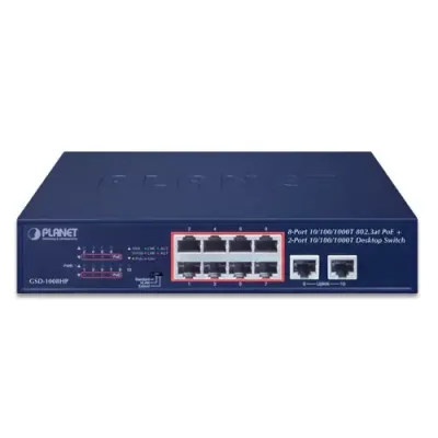 Planet - GSD-1008HP - 8-Port 10/100/1000T 802.3at PoE + 2-Port 10/100/1000T Desktop Switch (120W PoE Budget, Standard/VLAN/Extend mode, supports PD alive check, 10-inch and rack-mountable)