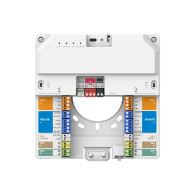 Hanwha - NHP-P200 - Powered by OnCAFE, IP Controller supporting (2) doors, featuring (2) Wiegand/OSDP reader ports (up to 4 OSDP Readers), (5) Supervised Inputs, up to (4) Unsupervised OSDP Flex Inputs, (2) Form-C wet relay outputs with dry/12VDC/24V