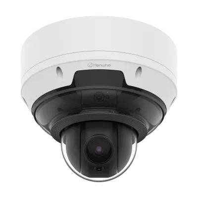 Hanwha - PNM-C19183RVTP - Wisenet P series network vandal outdoor Multi-Directional camera, 3CH x 5MP @ 30FPS and 4MP PTZ 18x Zoom, 3CH Fix Lens 2.4mm (FoV H: 123°, V: 91°), 120dB WDR; IR viewable length 15m(49ft), Analytics events based on AI engine